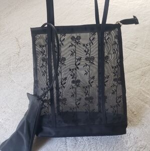 Elegant Black Floral Mesh Tote Bag